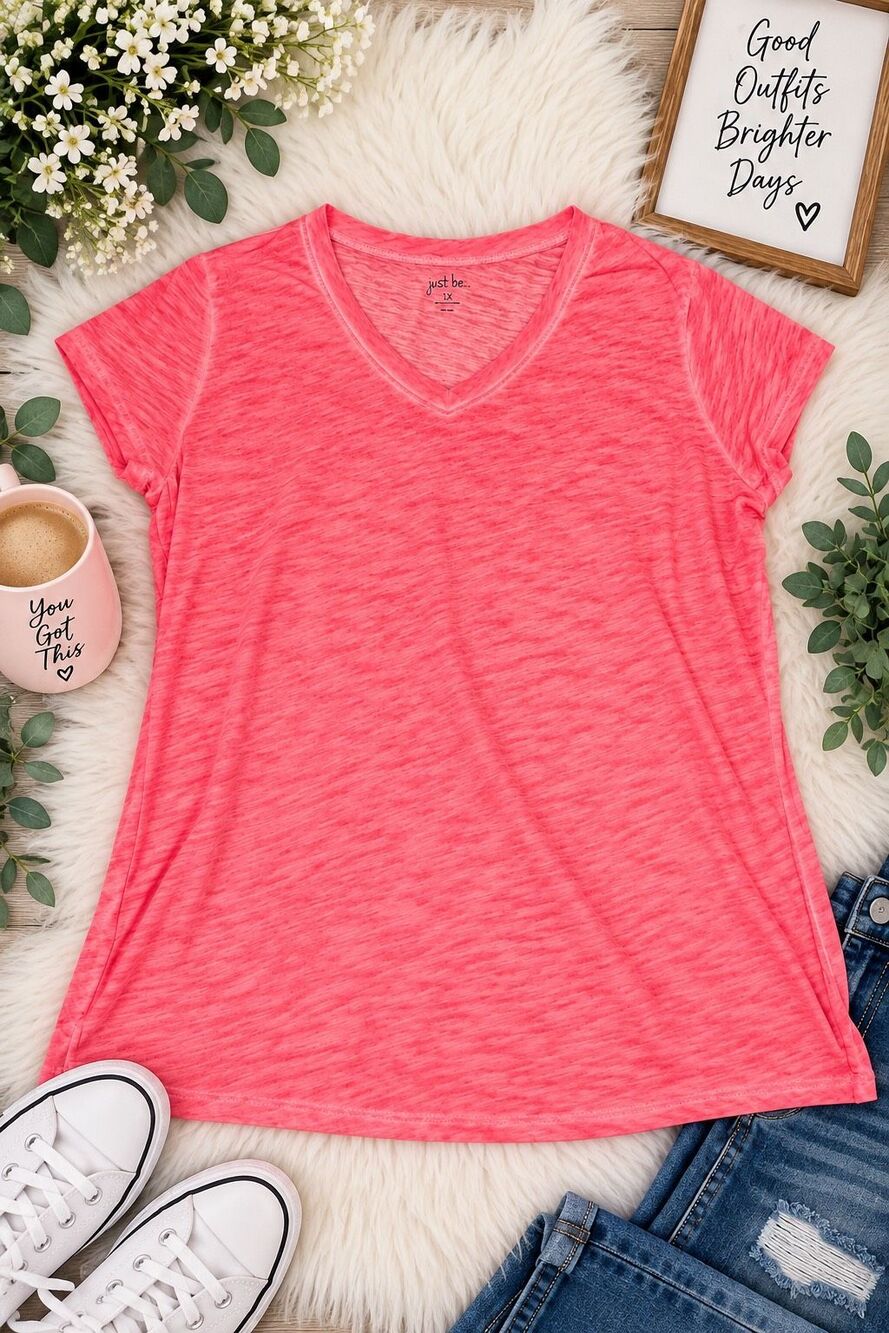 Just Be Women 1X Coral Pink Heather V Neck Short Sleeve Casual T Shirt Top